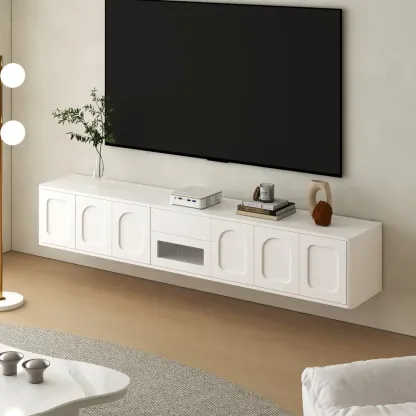 Modern Long Floating White TV Stand with Drawers Image - 2