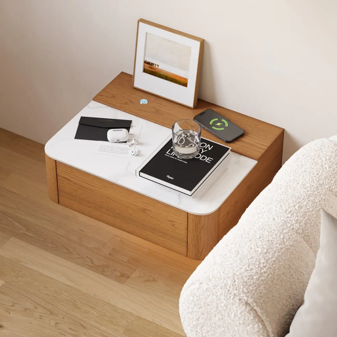 Wireless Cherry Wood Floating Nightstand with Drawers & Light Image - 1 | homeyfad