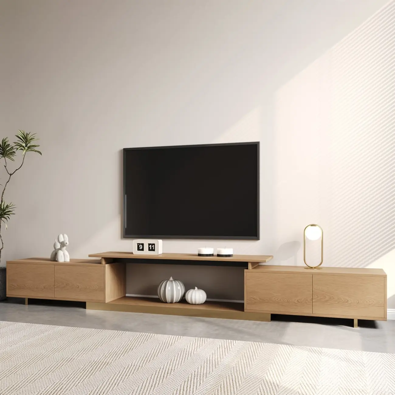 Extendable Modern Black Wooden Open Storage TV Stand Image - 9 | homeyfad
