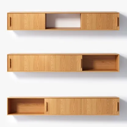 Natural Floating Wood Fluted TV Stand with Storage Image - 7