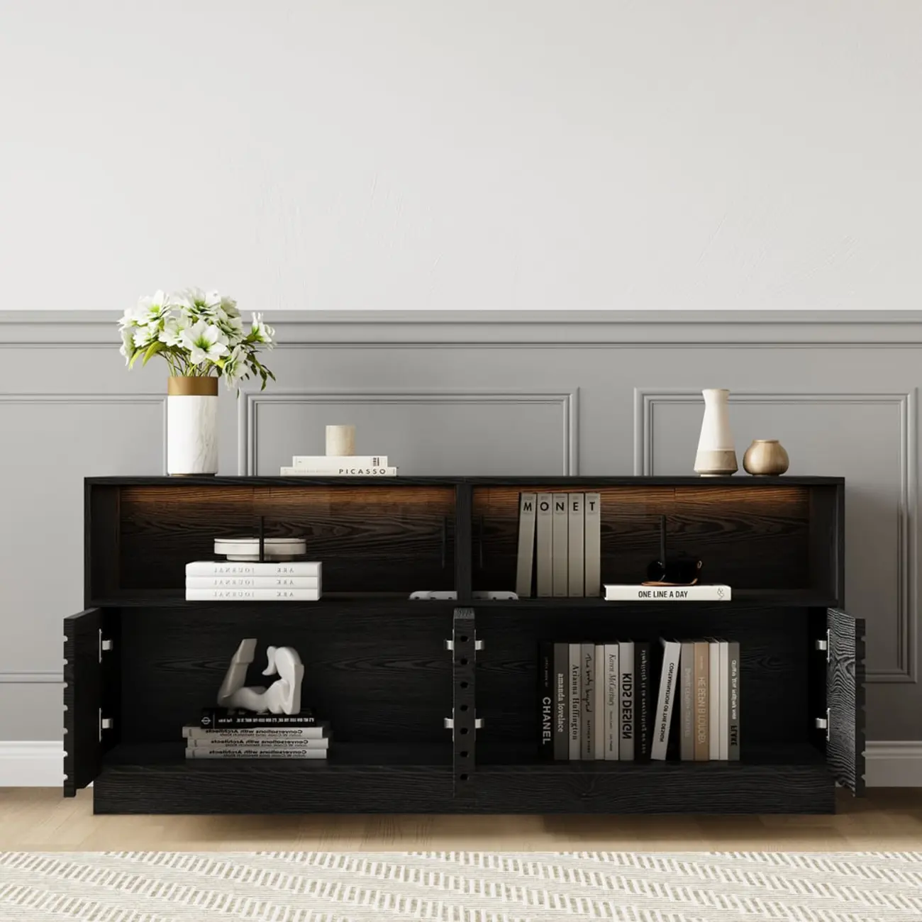 Modern Black Rectangular Wooden LED TV Stand Image - 7 | homeyfad