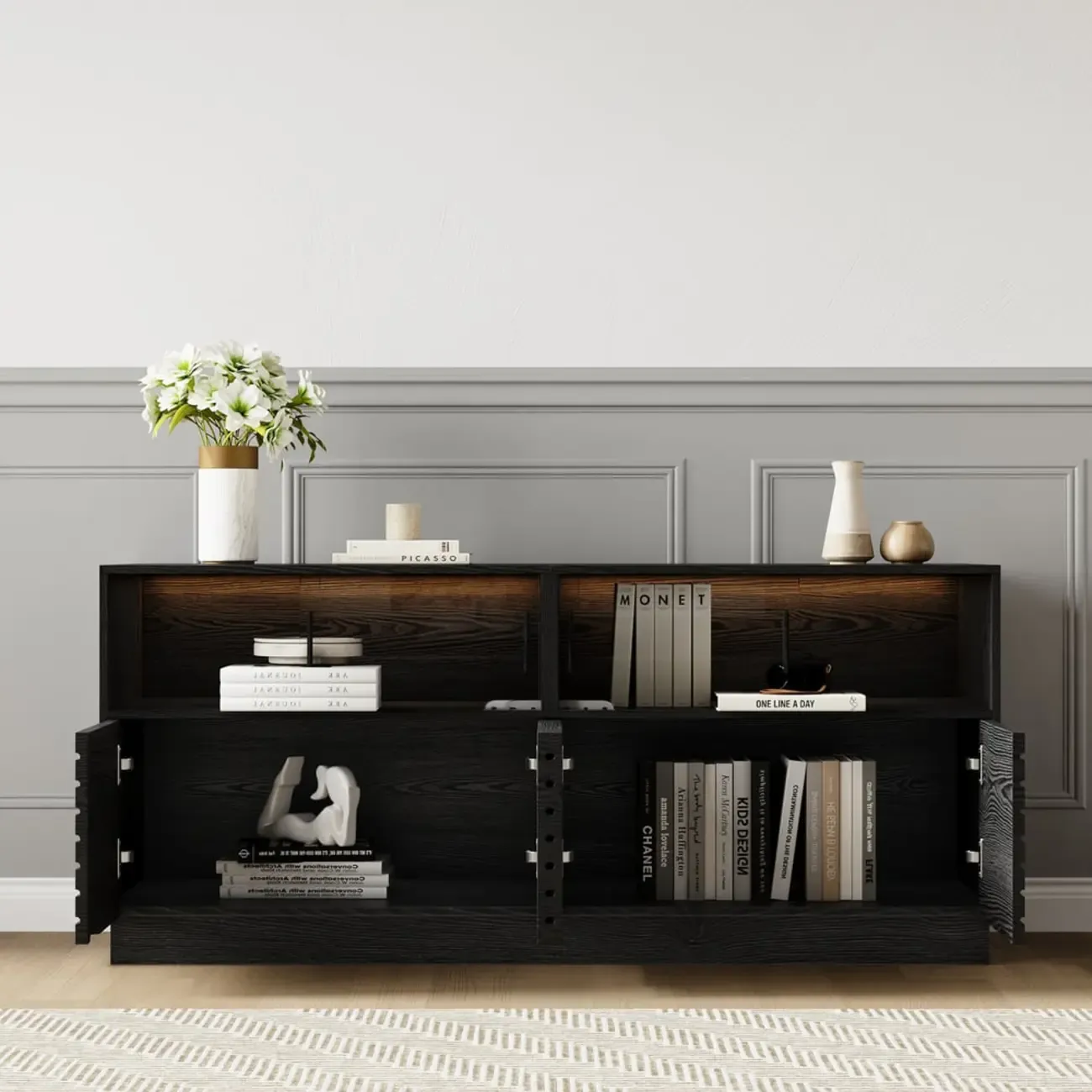 Modern Black Rectangular Wooden LED TV Stand Image - 7