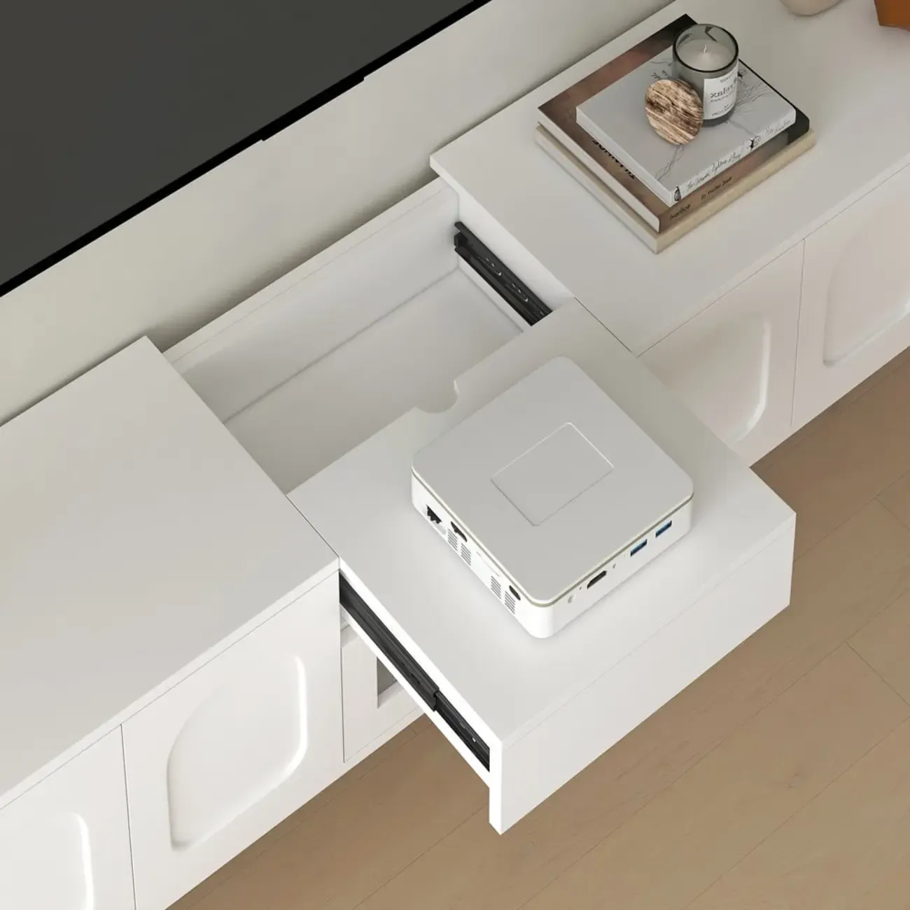 Modern Long Floating White TV Stand with Drawers Image - 6
