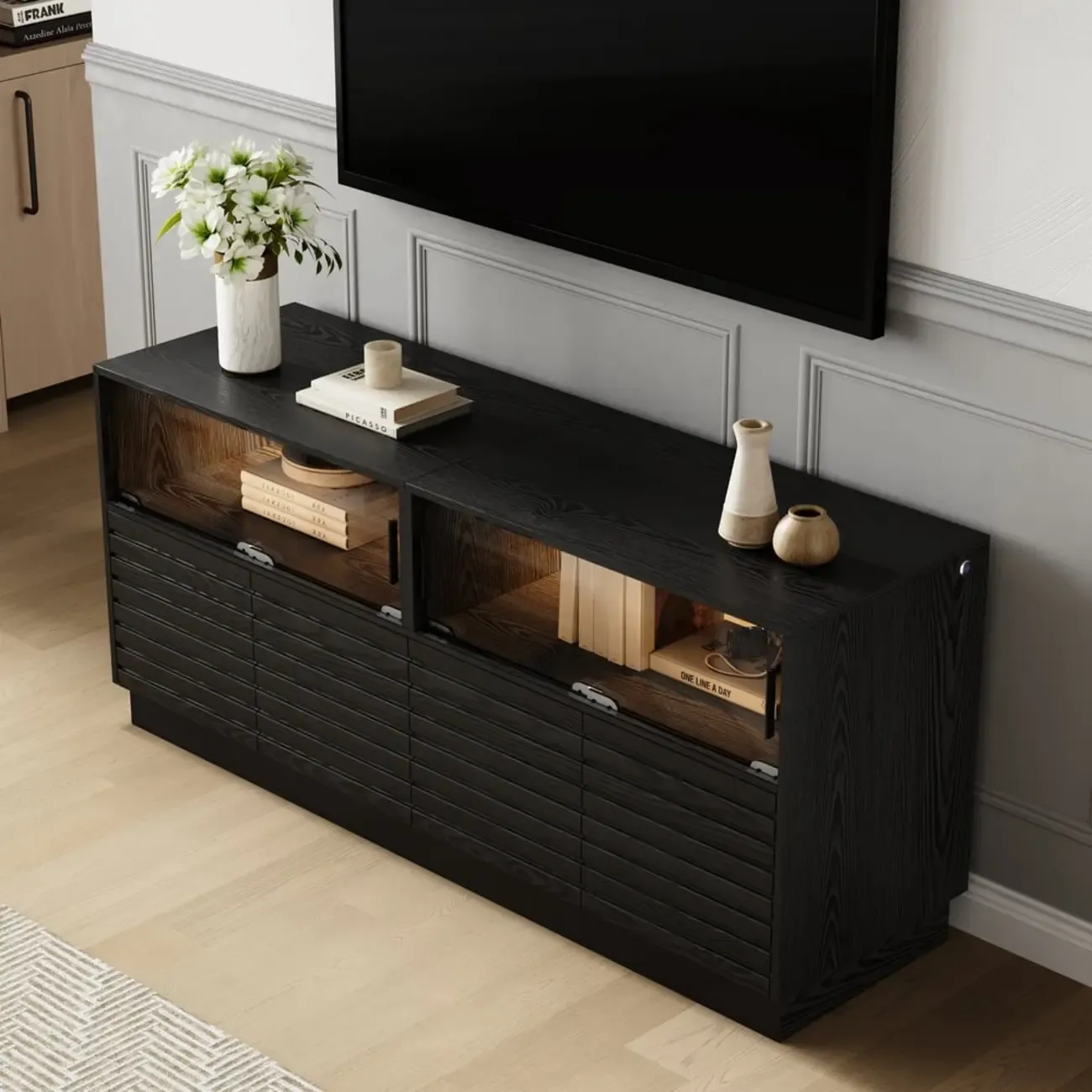 Modern Black Rectangular Wooden LED TV Stand Image - 5