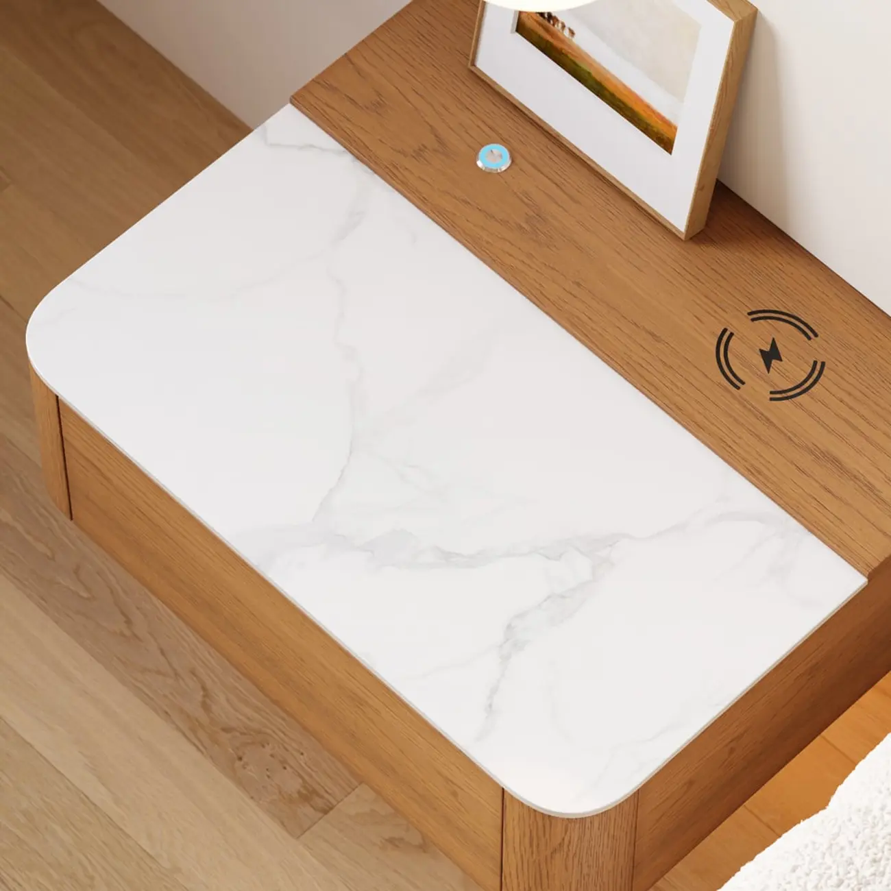 Wireless Cherry Wood Floating Nightstand with Drawers & Light Image - 10 | homeyfad