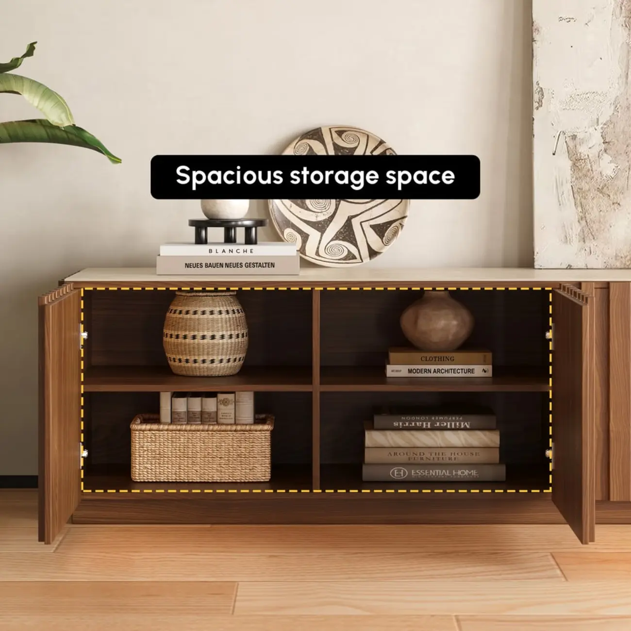 Mid-Century Wooden Slatted Walnut TV Stand with Doors Image - 14 | homeyfad