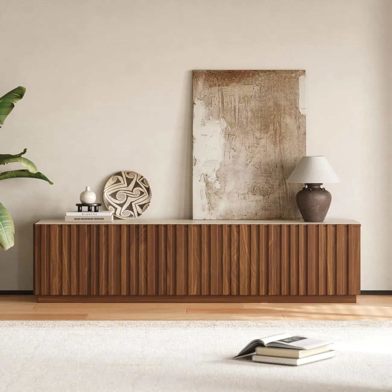 Mid-Century Wooden Slatted Walnut TV Stand with Doors Image - 7 | homeyfad