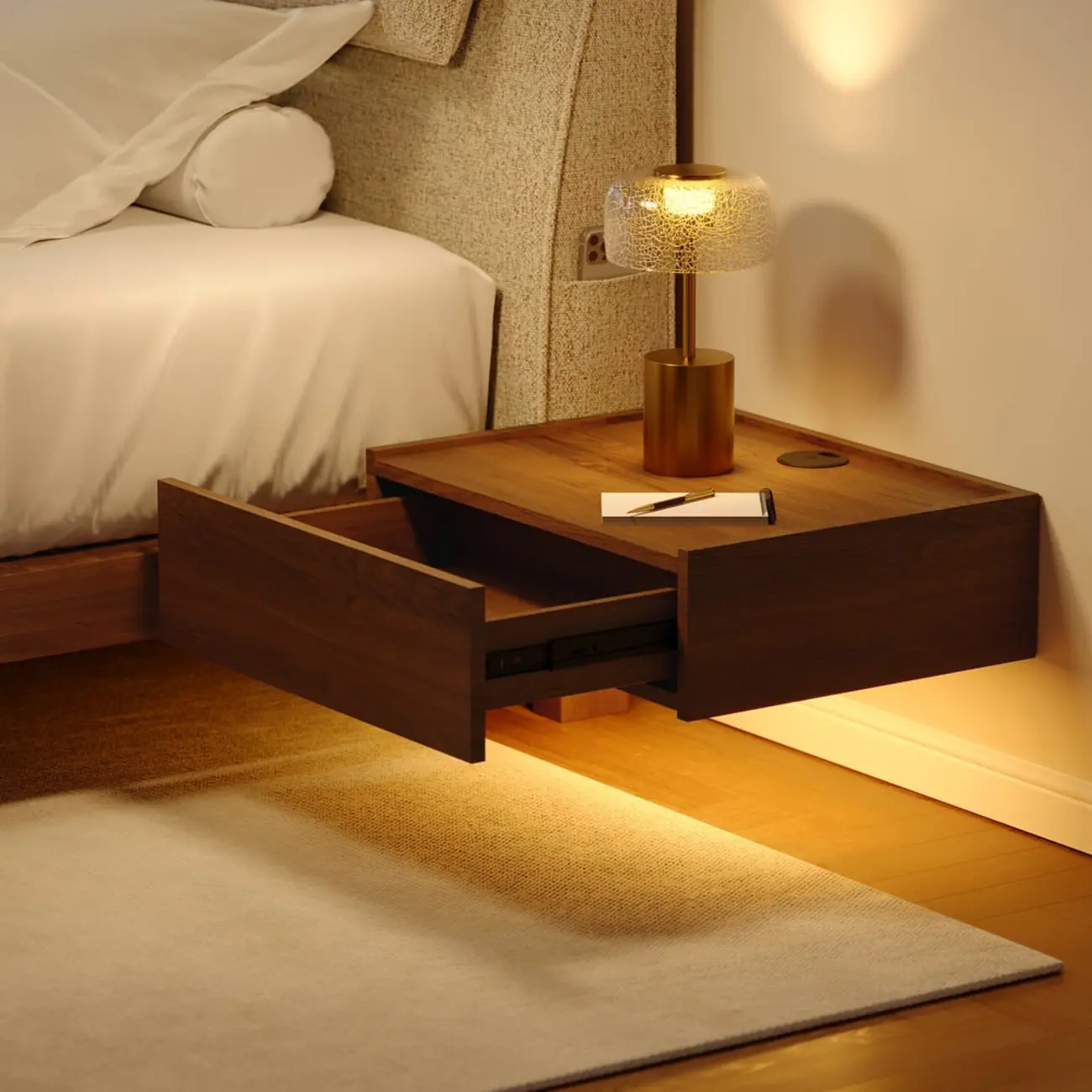 Walnut Wireless Charging Floating Nightstand with Light Set of 2 Image - 1 | homeyfad
