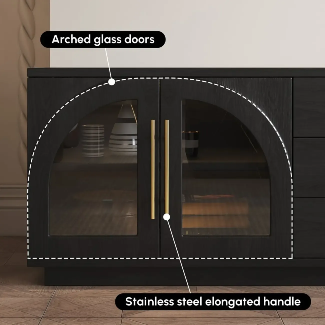 LED 3-Drawer Wooden Arched Glass Doors TV Stand Image - 12