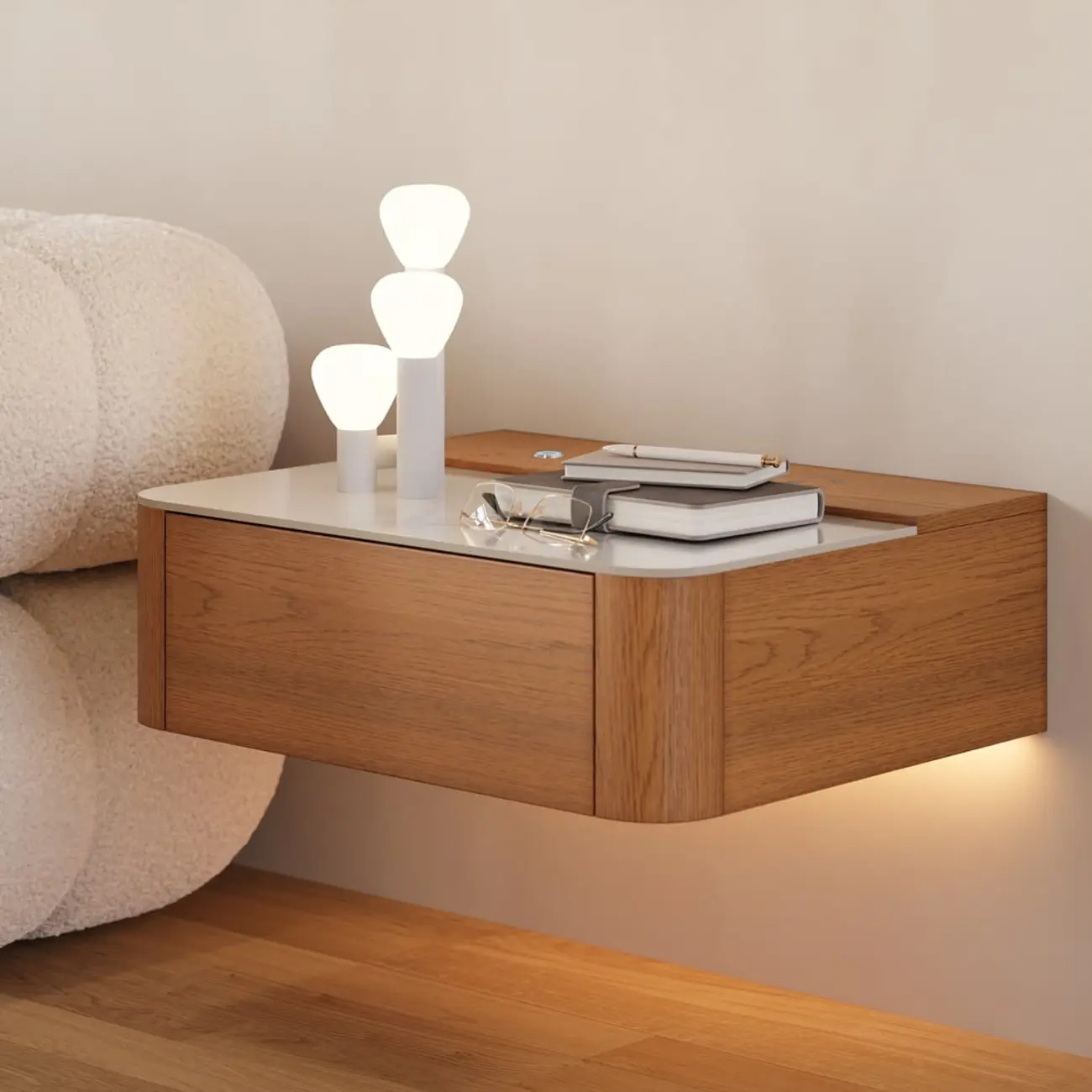 Wireless Cherry Wood Floating Nightstand with Drawers & Light Image - 3 | homeyfad
