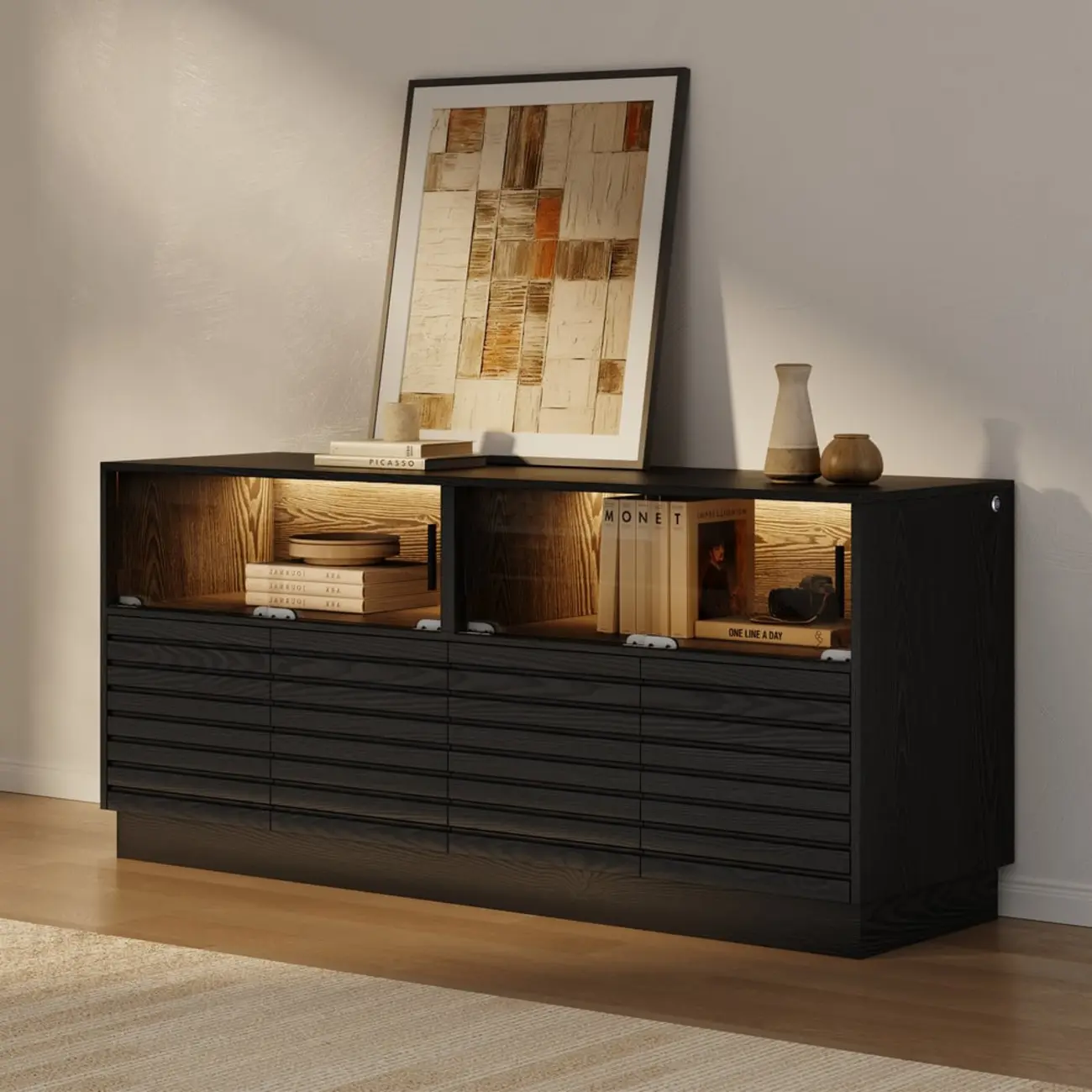Modern Black Rectangular Wooden LED TV Stand Image - 2 | homeyfad