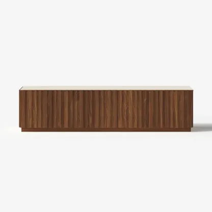 Mid-Century Wooden Slatted Walnut TV Stand with Doors Image - 16