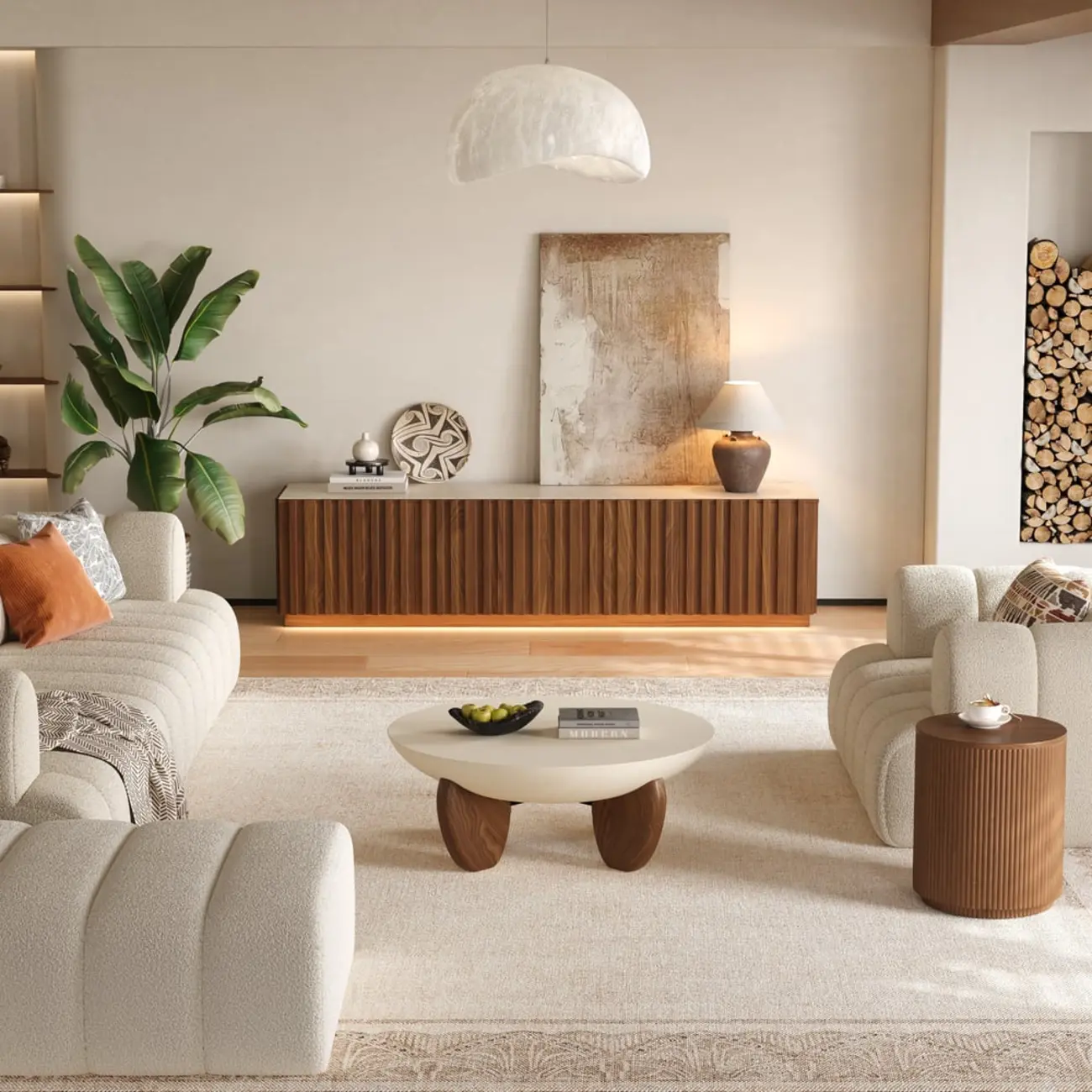 Mid-Century Wooden Slatted Walnut TV Stand with Doors Image - 6 | homeyfad