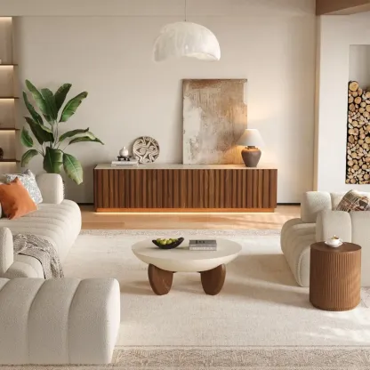 Mid-Century Wooden Slatted Walnut TV Stand with Doors Image - 6