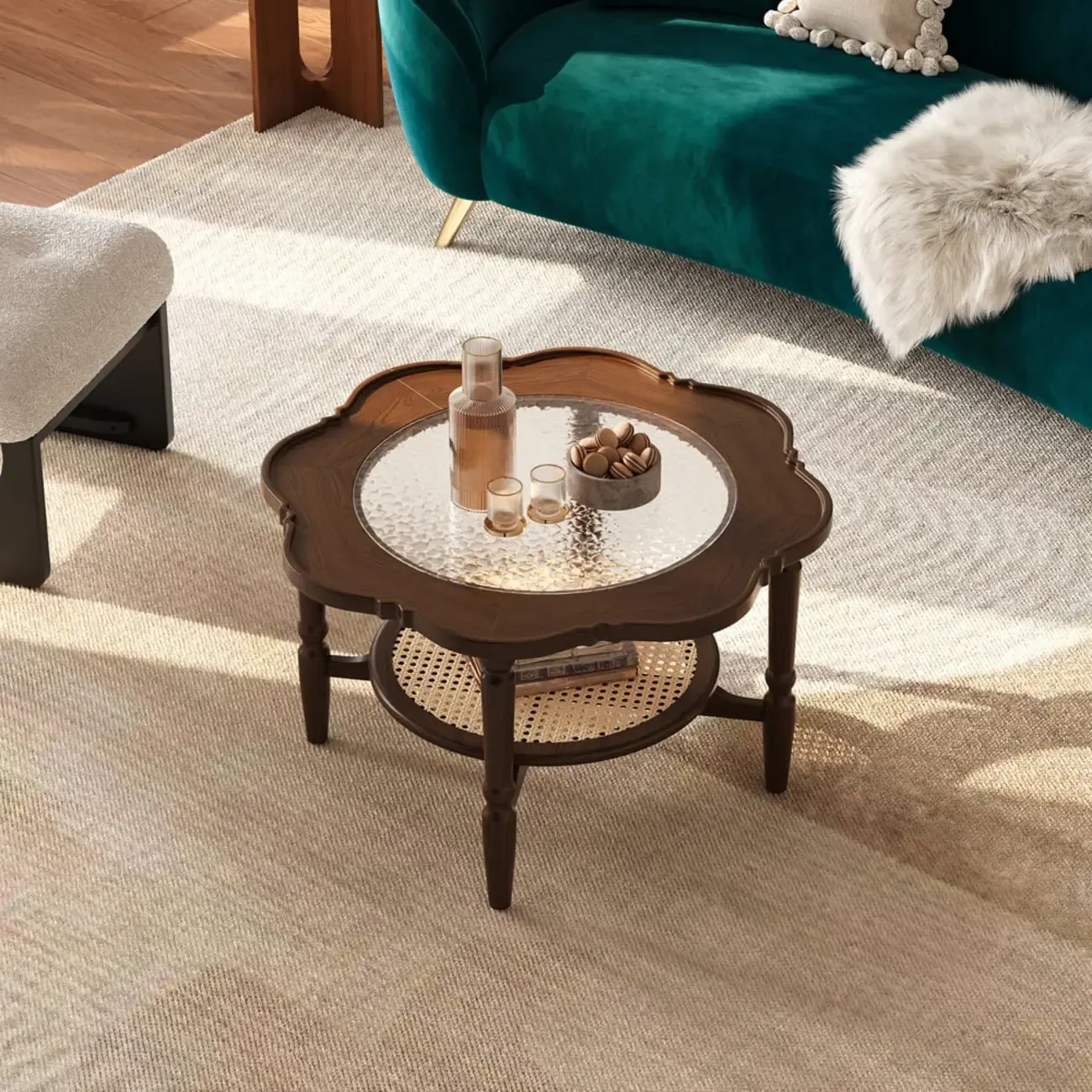 Classic 2-Layer Walnut Finish Wood Coffee Table in Glass Top Image - 4