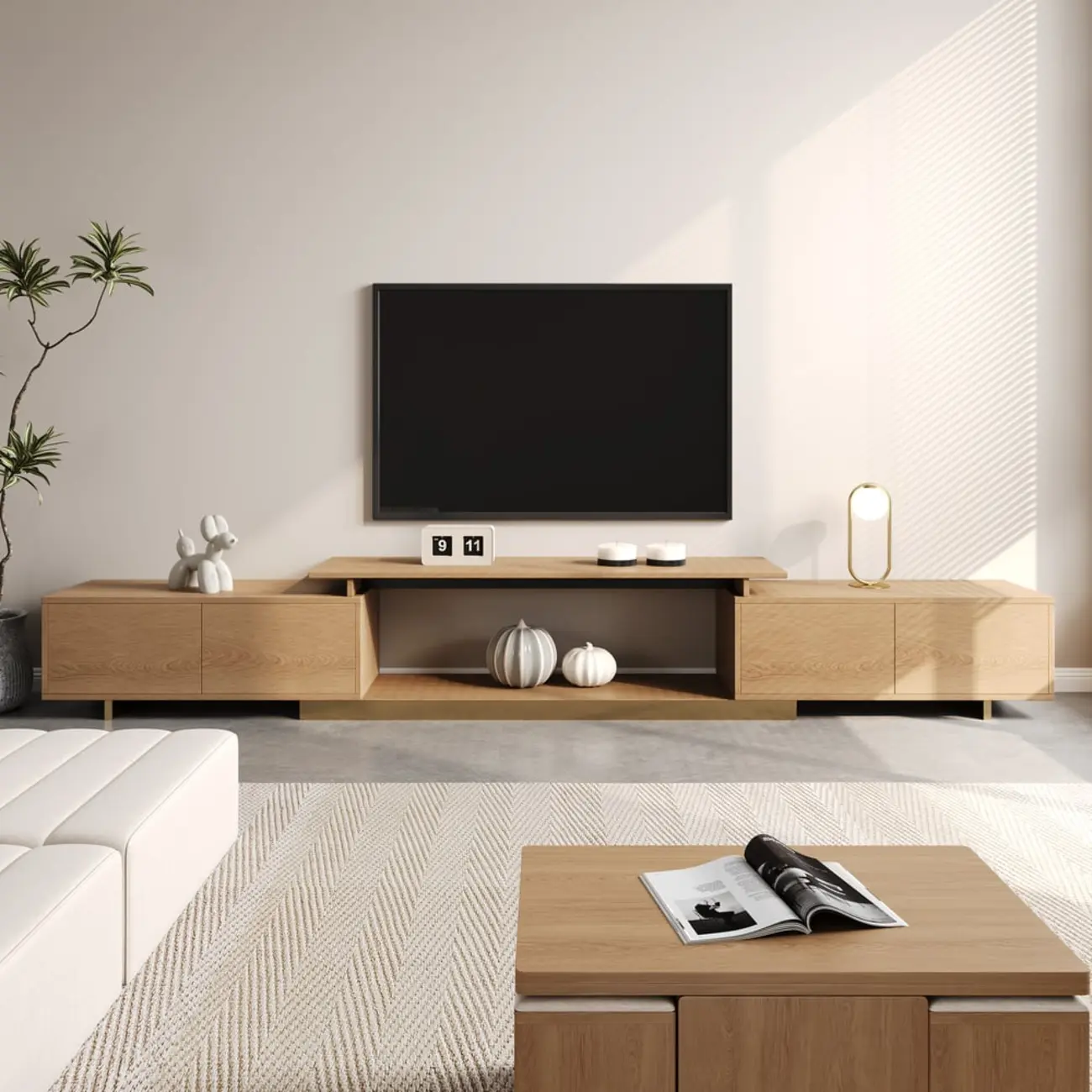 Extendable Modern Black Wooden Open Storage TV Stand Image - 1 | homeyfad