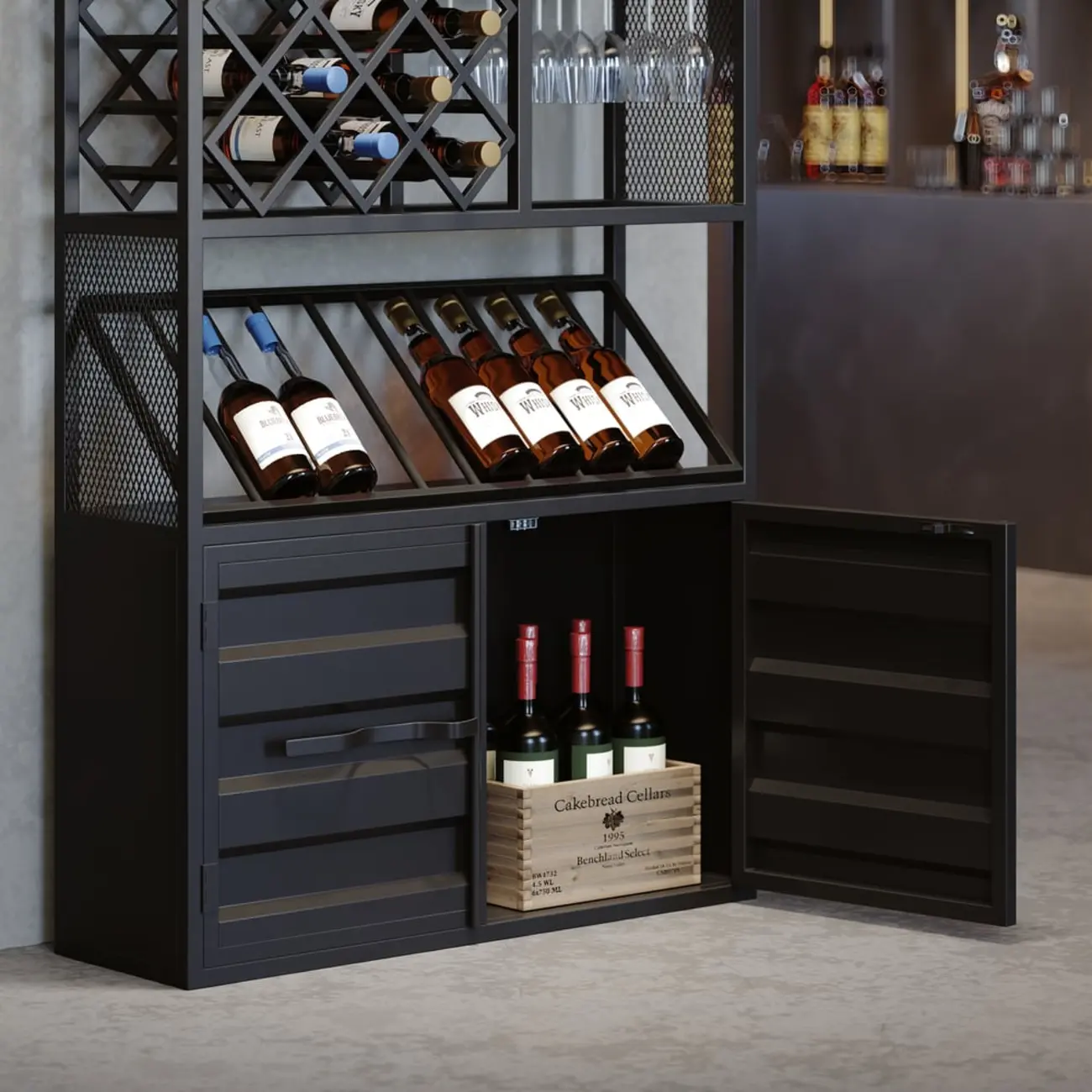 Industrial Freestanding Metal Wine Rack with Doors Image - 9 | homeyfad