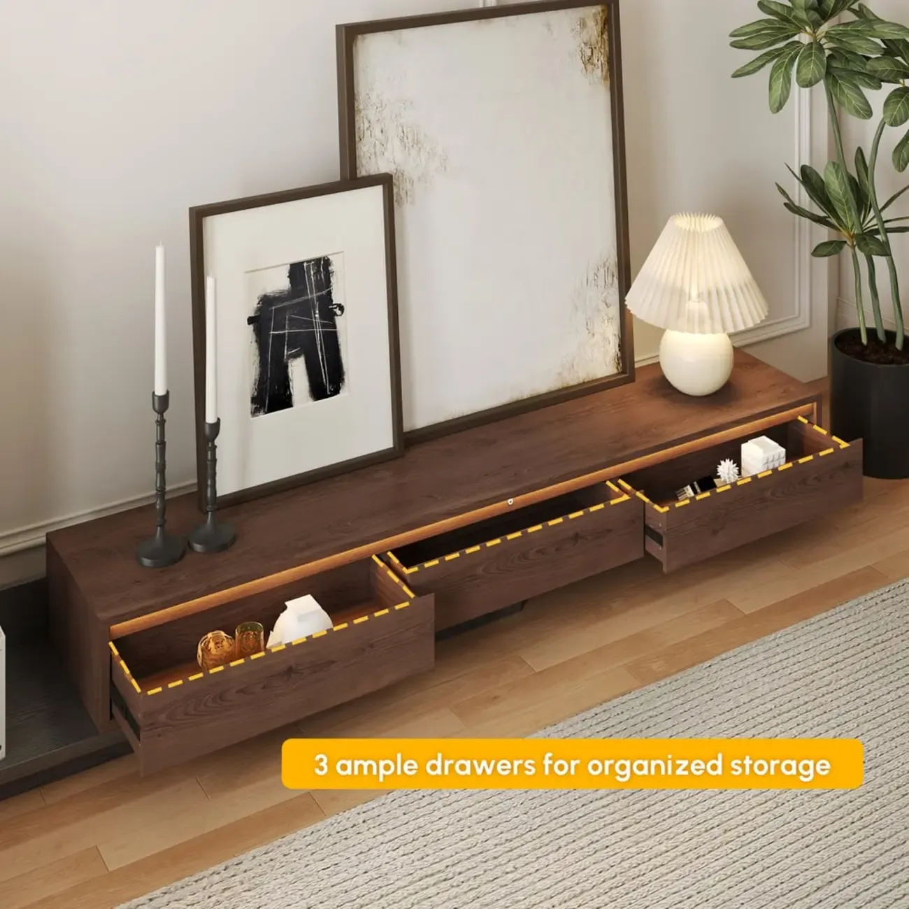 Mid-Century Walnut Extendable Wooden TV Stand with Drawers Image - 8