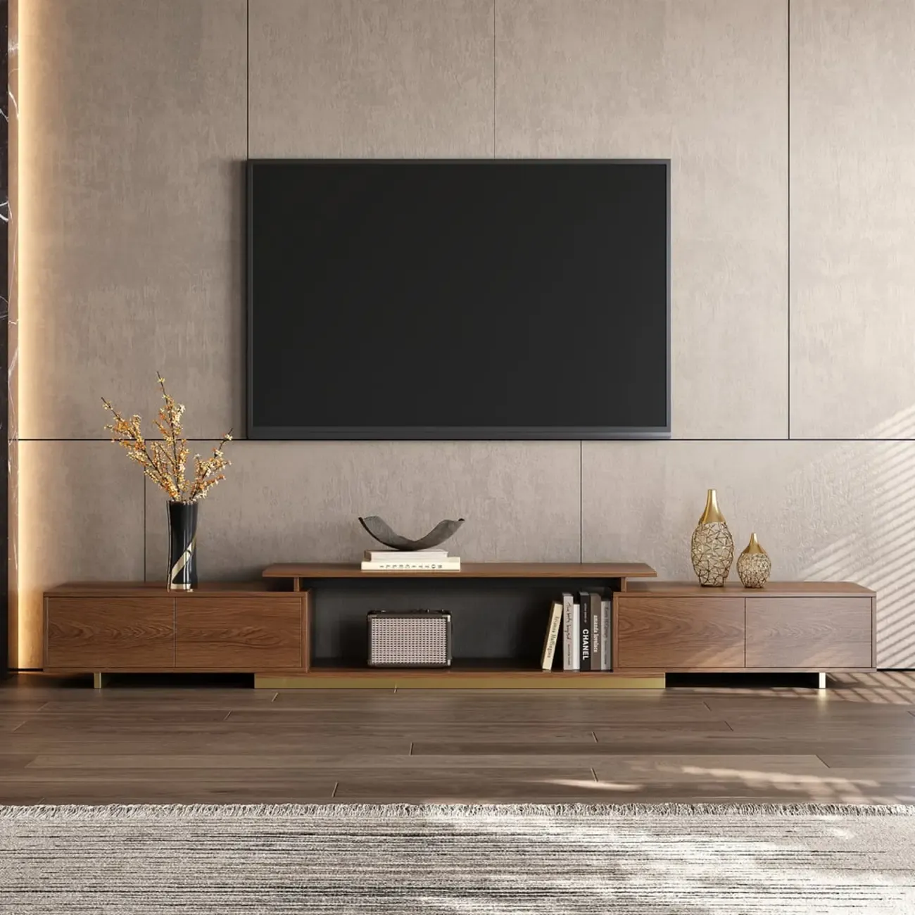 Extendable Walnut Wooden Open Storage TV Stand Image - 1