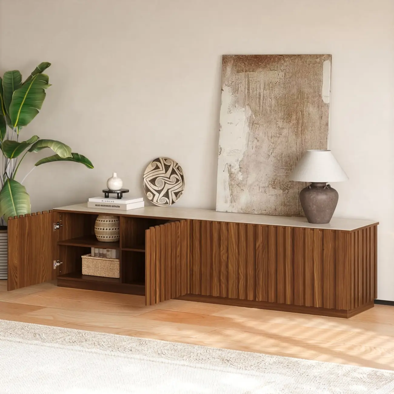 Mid-Century Wooden Slatted Walnut TV Stand with Doors Image - 5 | homeyfad