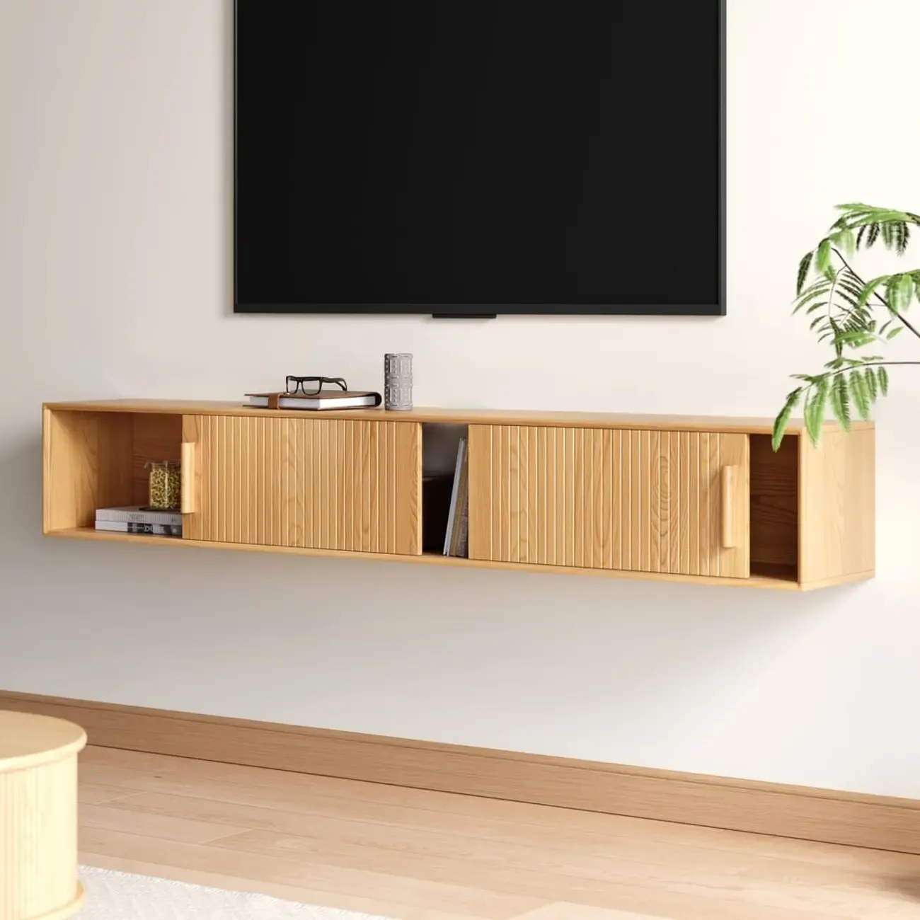 Natural Floating Wood Fluted TV Stand with Storage Image - 1