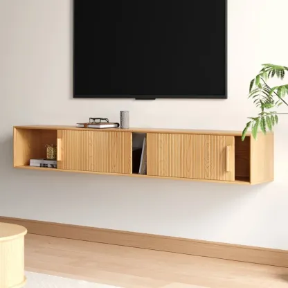 Natural Floating Wood Fluted TV Stand with Storage Image - 1