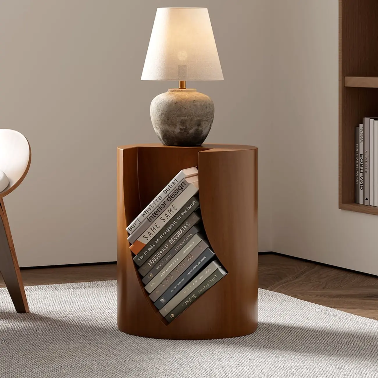 Round Walnut Wood Side Table with Open Storage for Couch Image - 4 | homeyfad