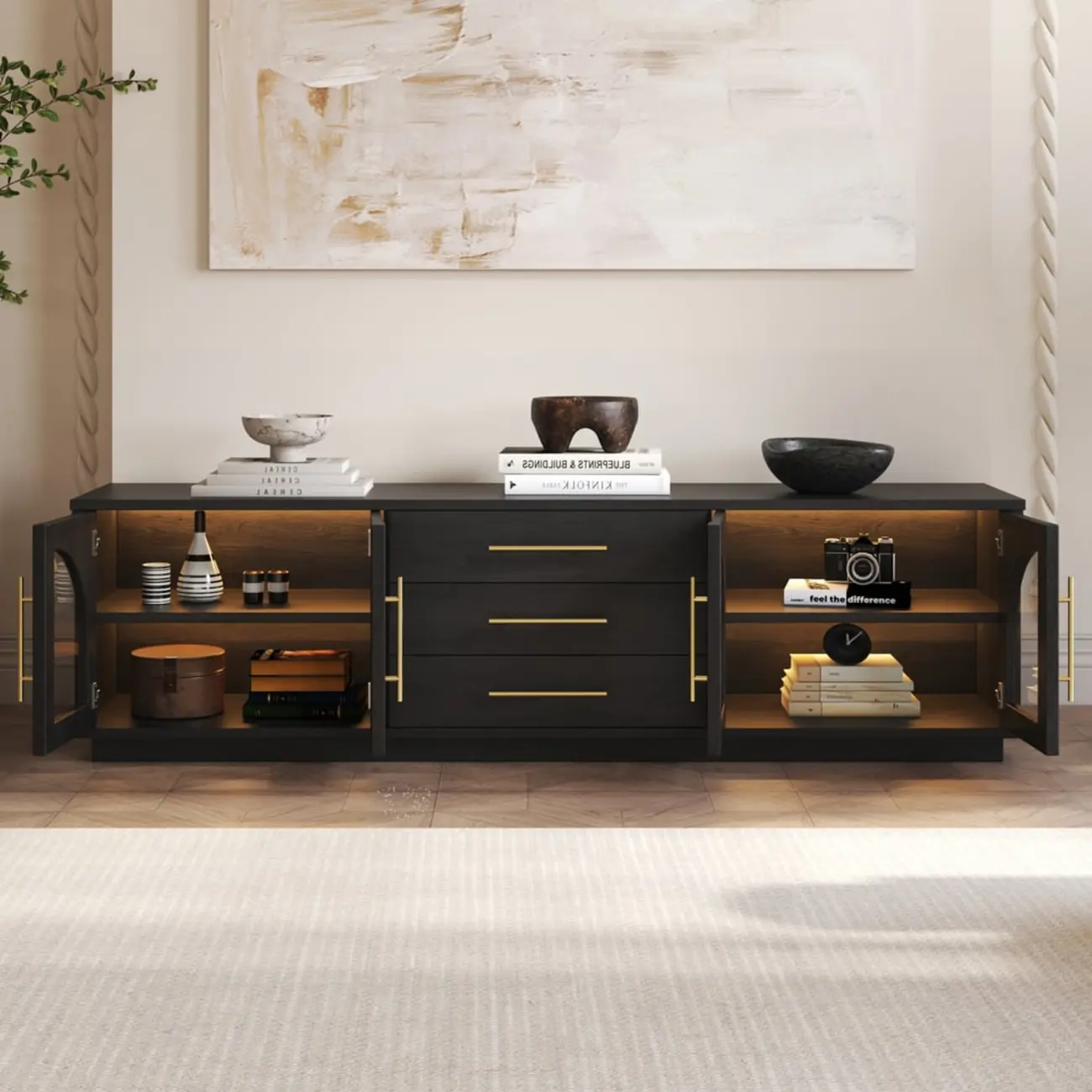 LED 3-Drawer Wooden Arched Glass Doors TV Stand Image - 3 | homeyfad