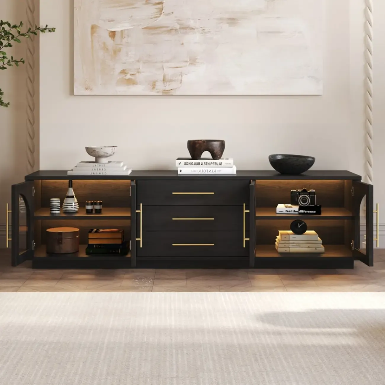 LED 3-Drawer Wooden Arched Glass Doors TV Stand Image - 3