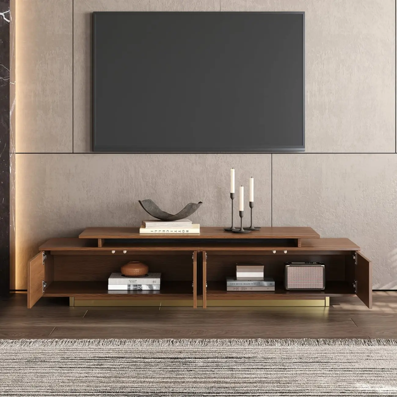 Extendable Walnut Wooden Open Storage TV Stand Image - 9 | homeyfad