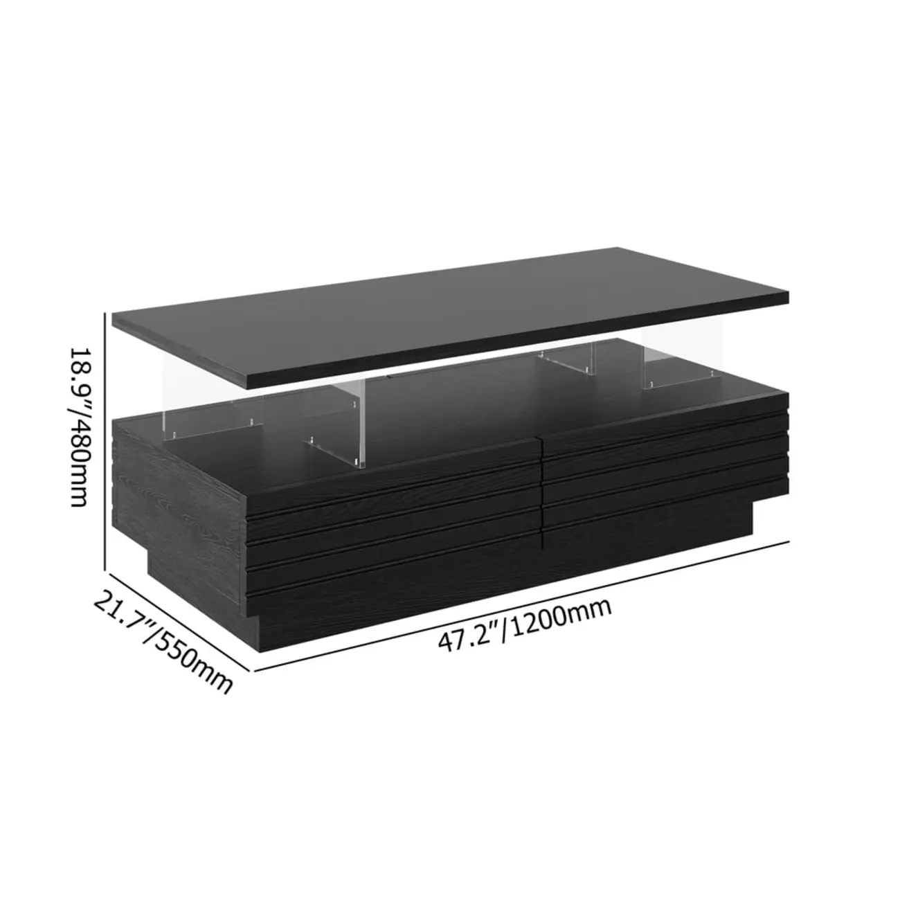 Two-Layer Rectangular LED Lighting Black Coffee Table with Storage Image - 9 | homeyfad