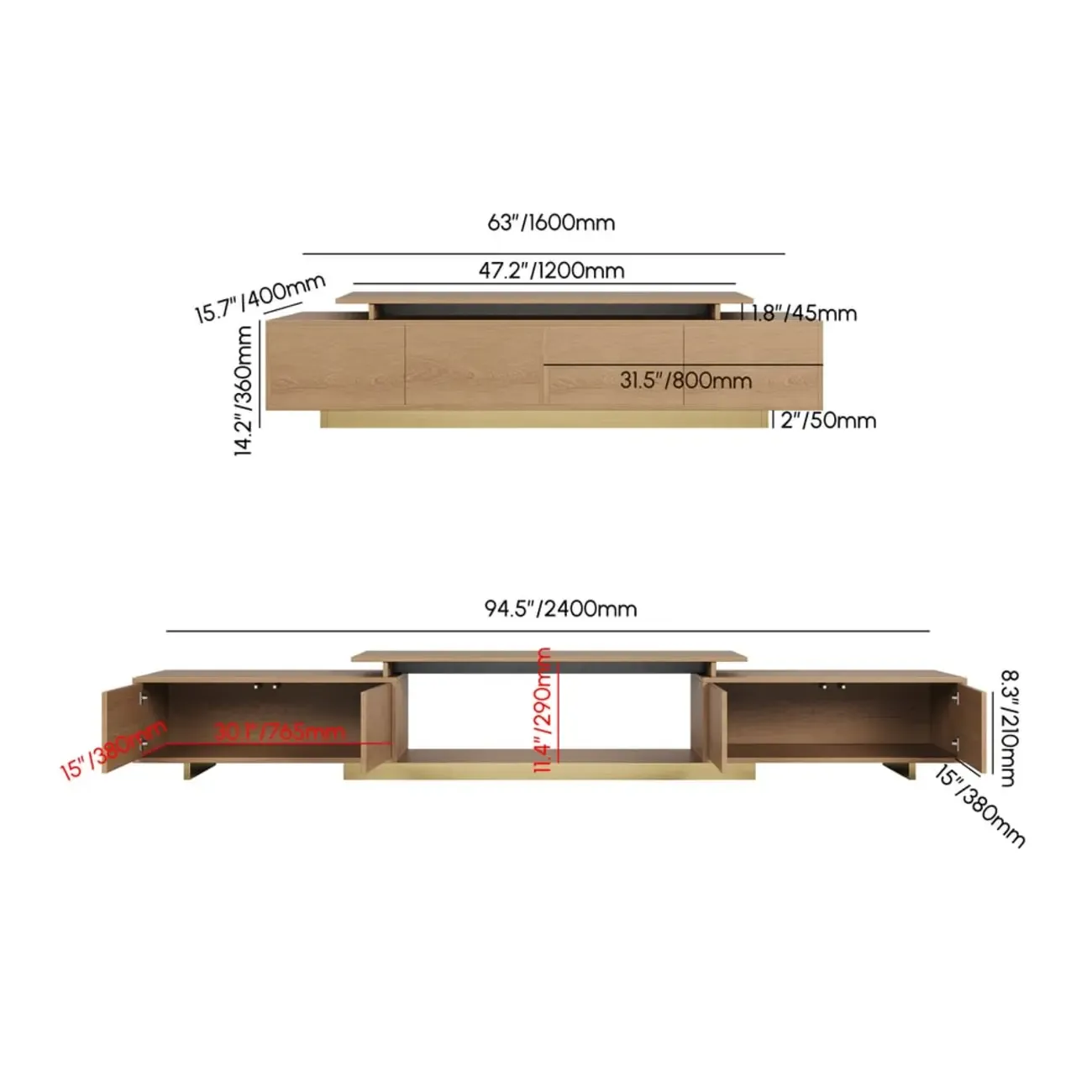 Extendable Modern Black Wooden Open Storage TV Stand #size