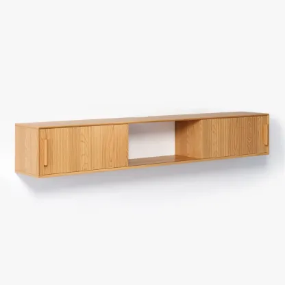 Natural Floating Wood Fluted TV Stand with Storage Image - 8