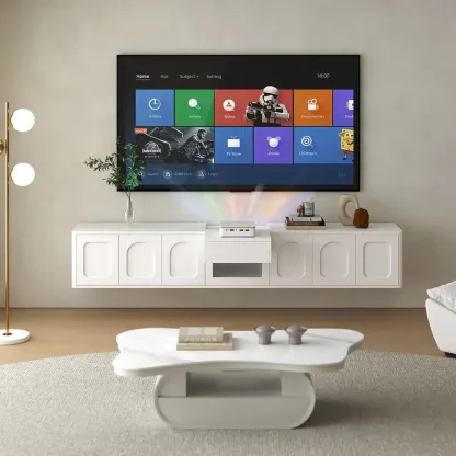 Modern Long Floating White TV Stand with Drawers Image - 1