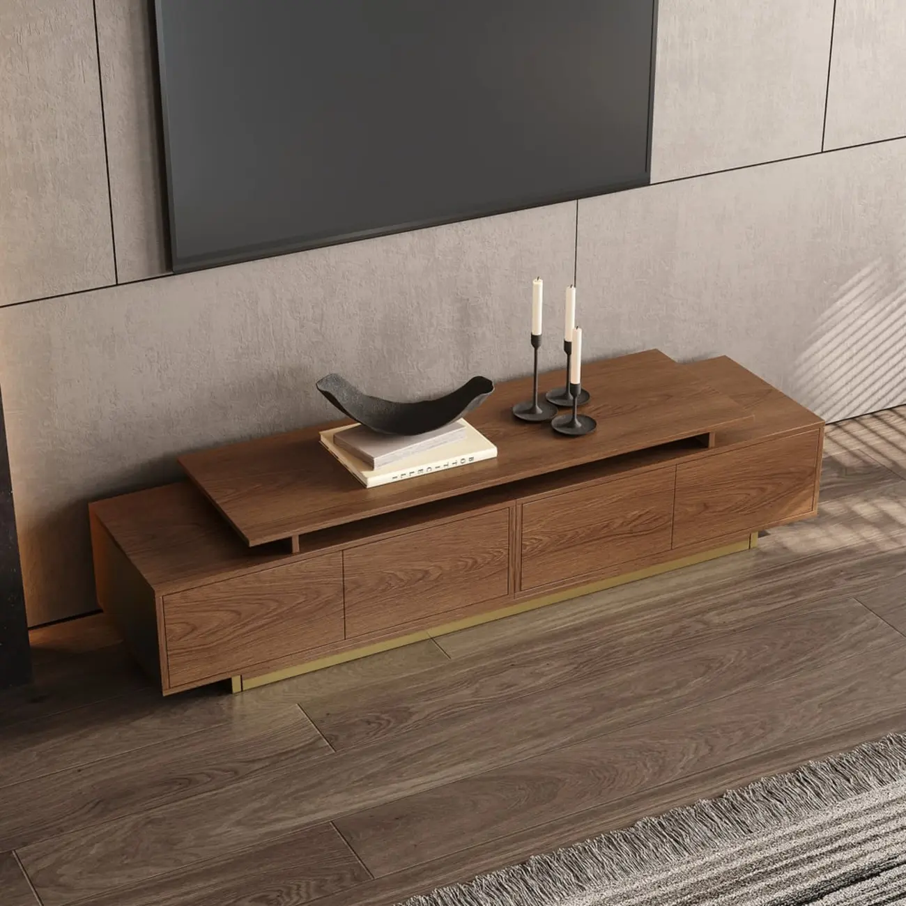 Extendable Walnut Wooden Open Storage TV Stand Image - 7 | homeyfad