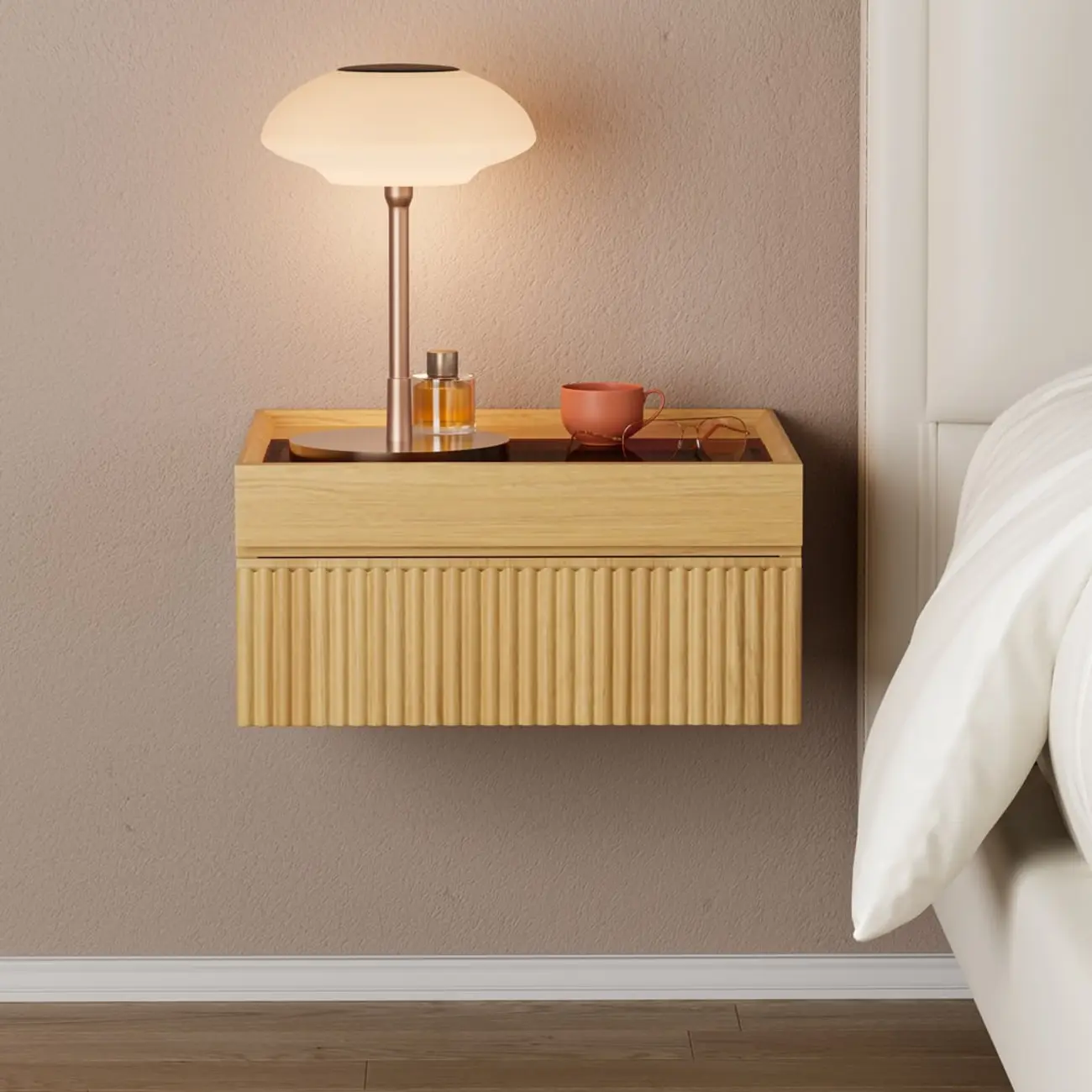 Modern Glass Top Walnut Floating Nightstand with Drawers Image - 7 | homeyfad