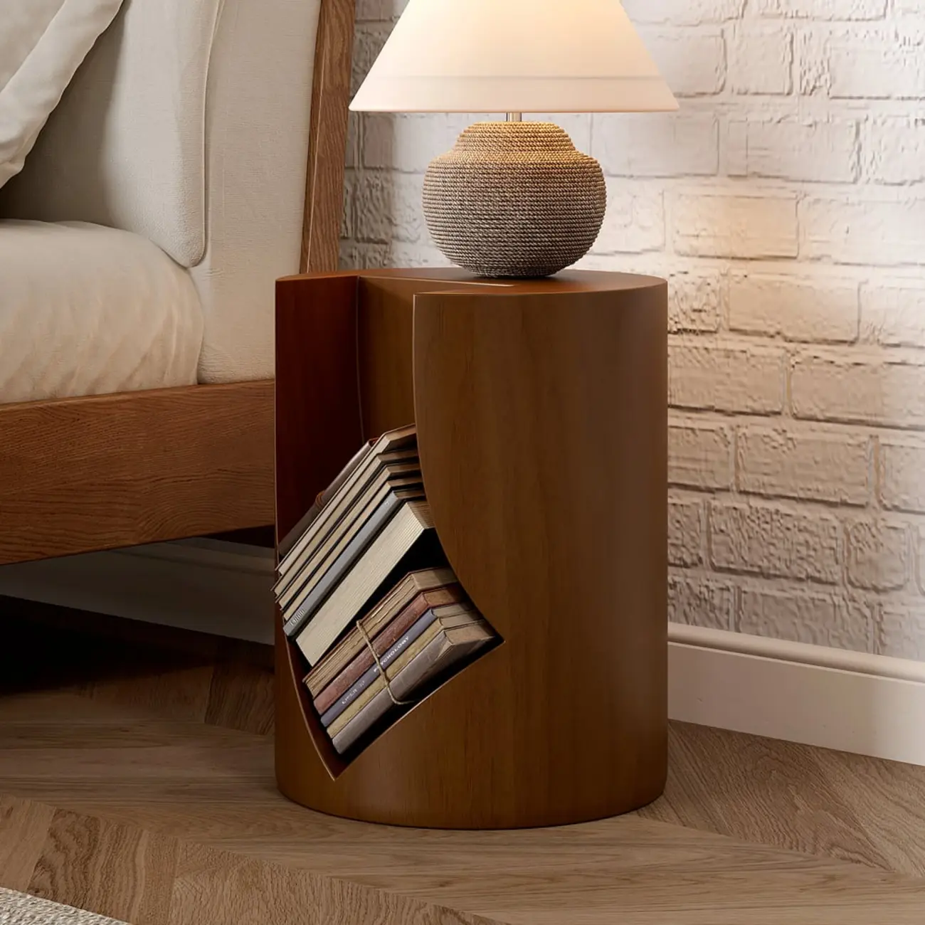 Round Walnut Wood Side Table with Open Storage for Couch Image - 3 | homeyfad