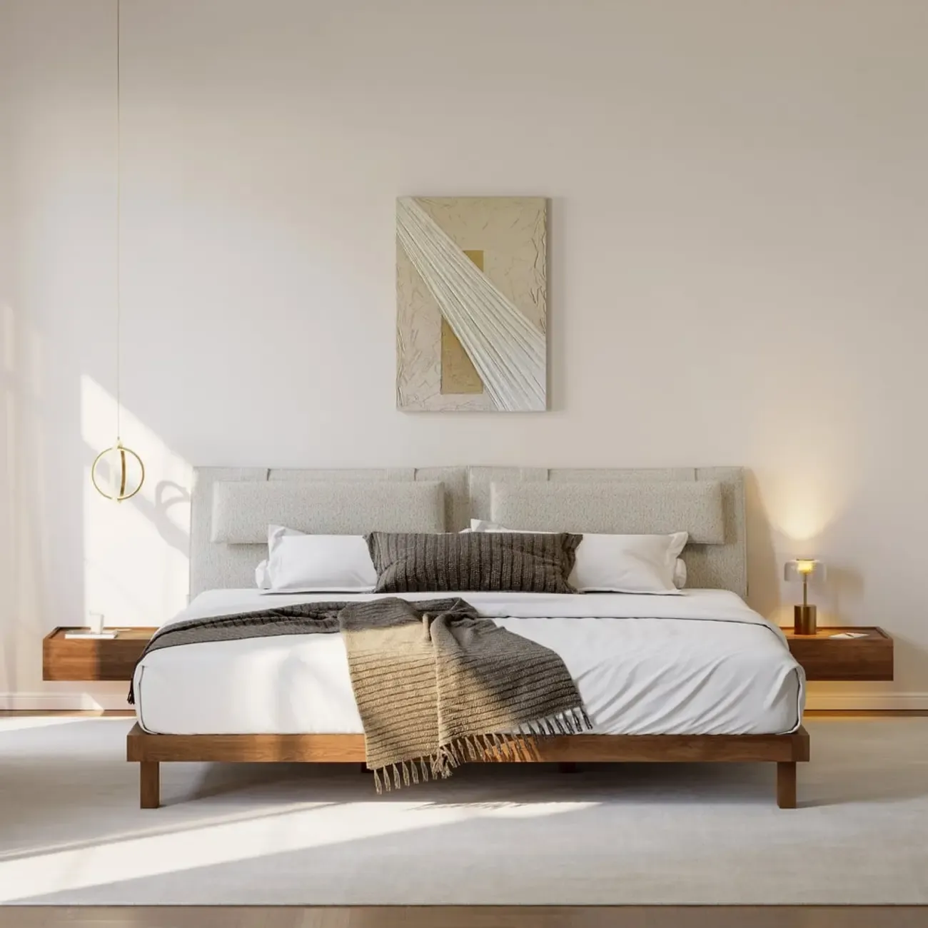 Walnut Wireless Charging Floating Nightstand with Light Set of 2 Image - 4