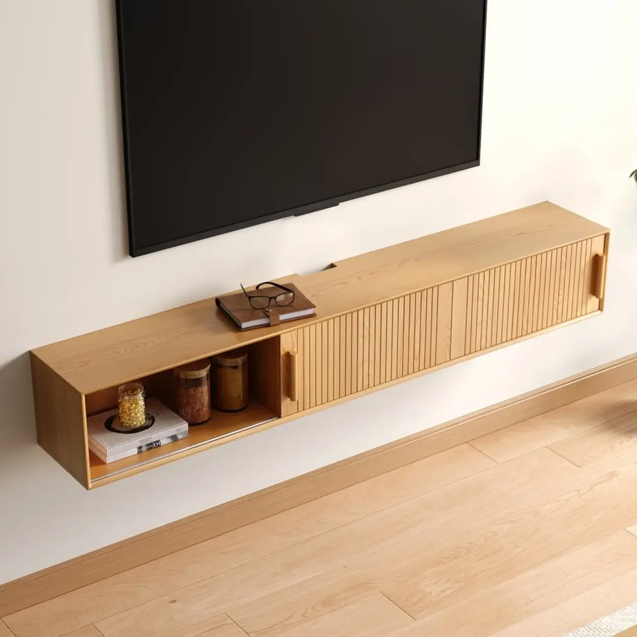 Natural Floating Wood Fluted TV Stand with Storage Image - 4
