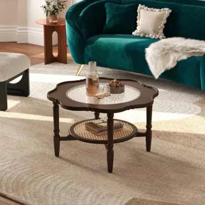 Classic 2-Layer Walnut Finish Wood Coffee Table in Glass Top Image - 3