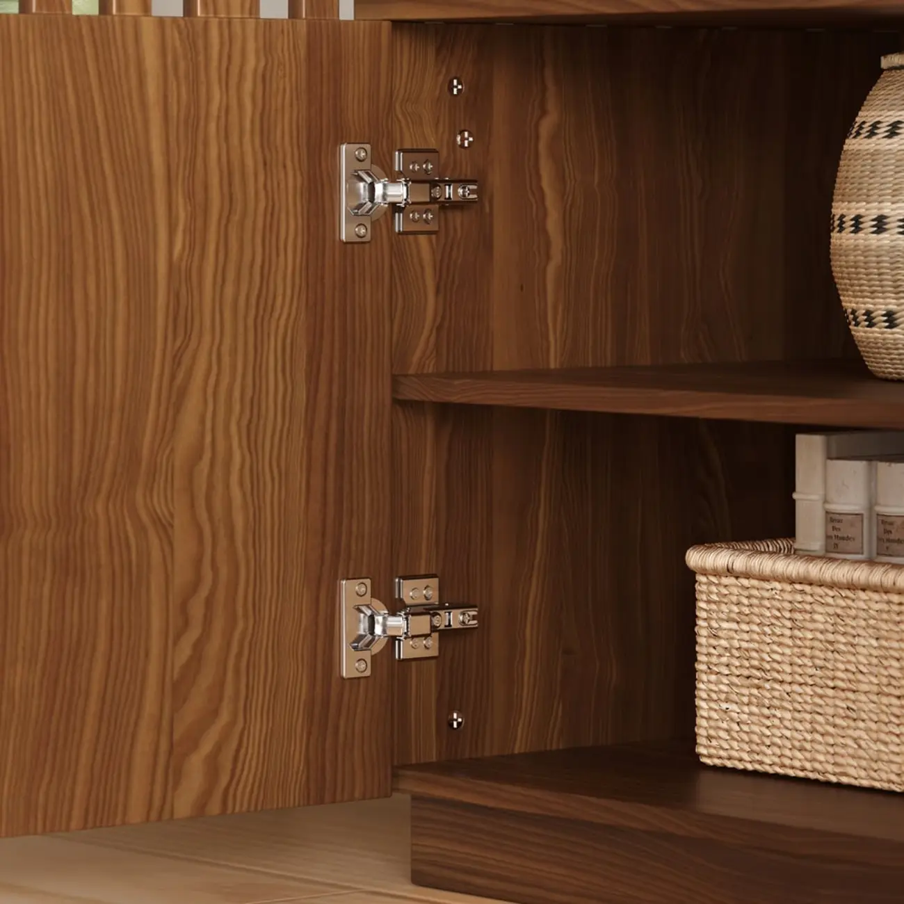 Mid-Century Wooden Slatted Walnut TV Stand with Doors Image - 12 | homeyfad