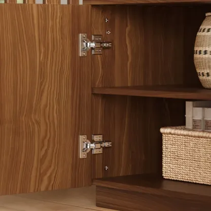 Mid-Century Wooden Slatted Walnut TV Stand with Doors Image - 12