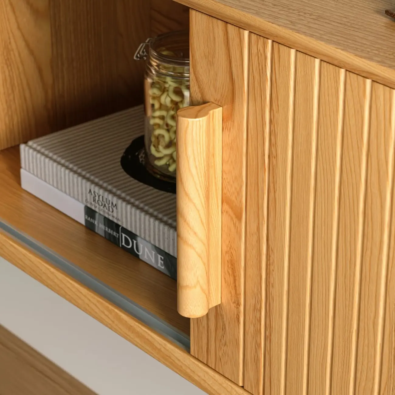 Natural Floating Wood Fluted TV Stand with Storage Image - 6 | homeyfad