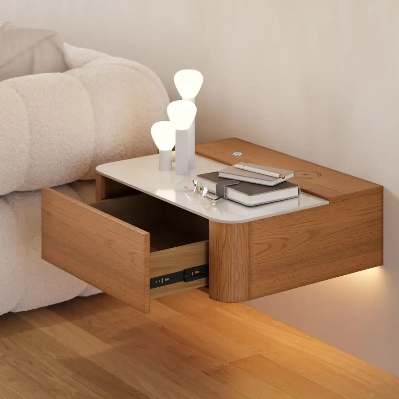 Wireless Cherry Wood Floating Nightstand with Drawers & Light Image - 4