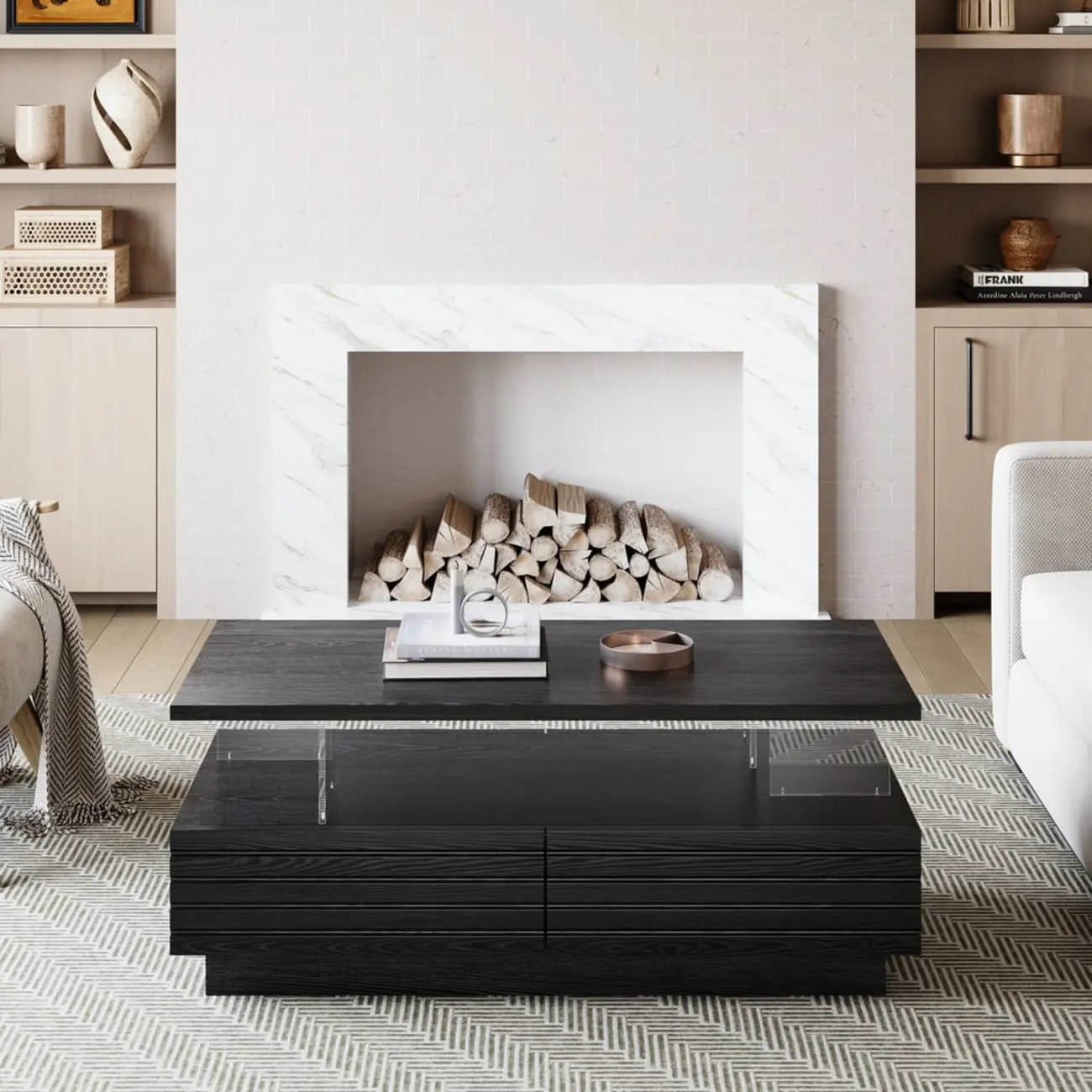 Two-Layer Rectangular LED Lighting Black Coffee Table with Storage Image - 6 | homeyfad