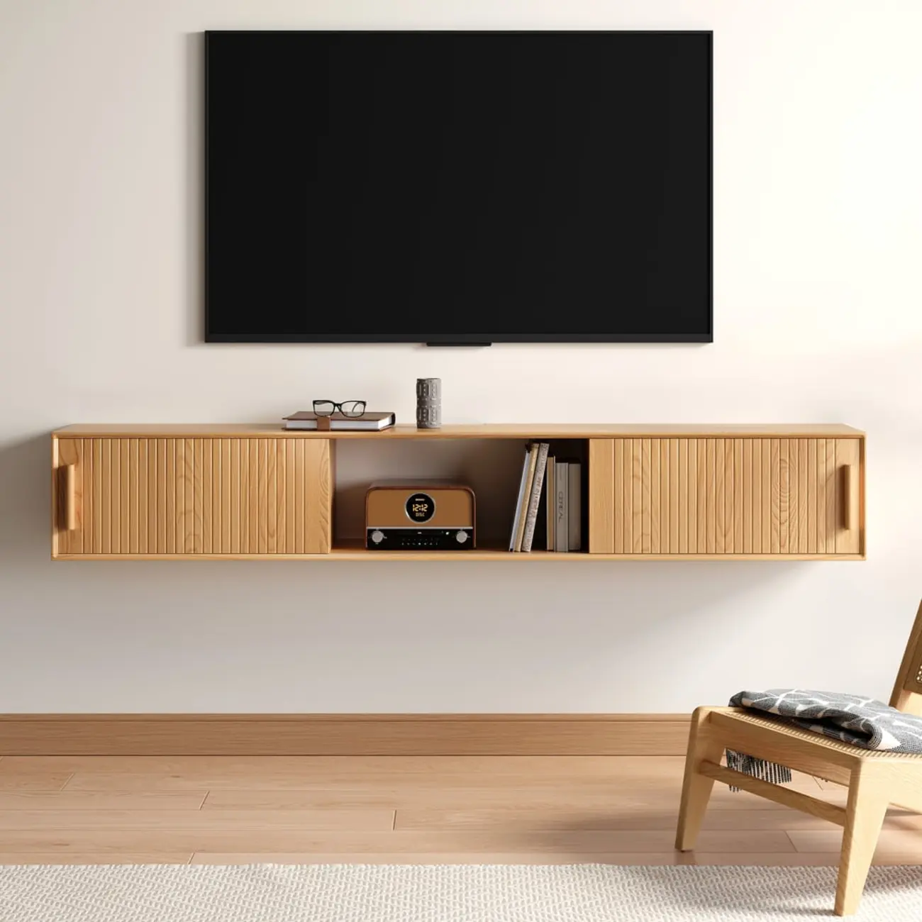 Natural Floating Wood Fluted TV Stand with Storage Image - 2 | homeyfad