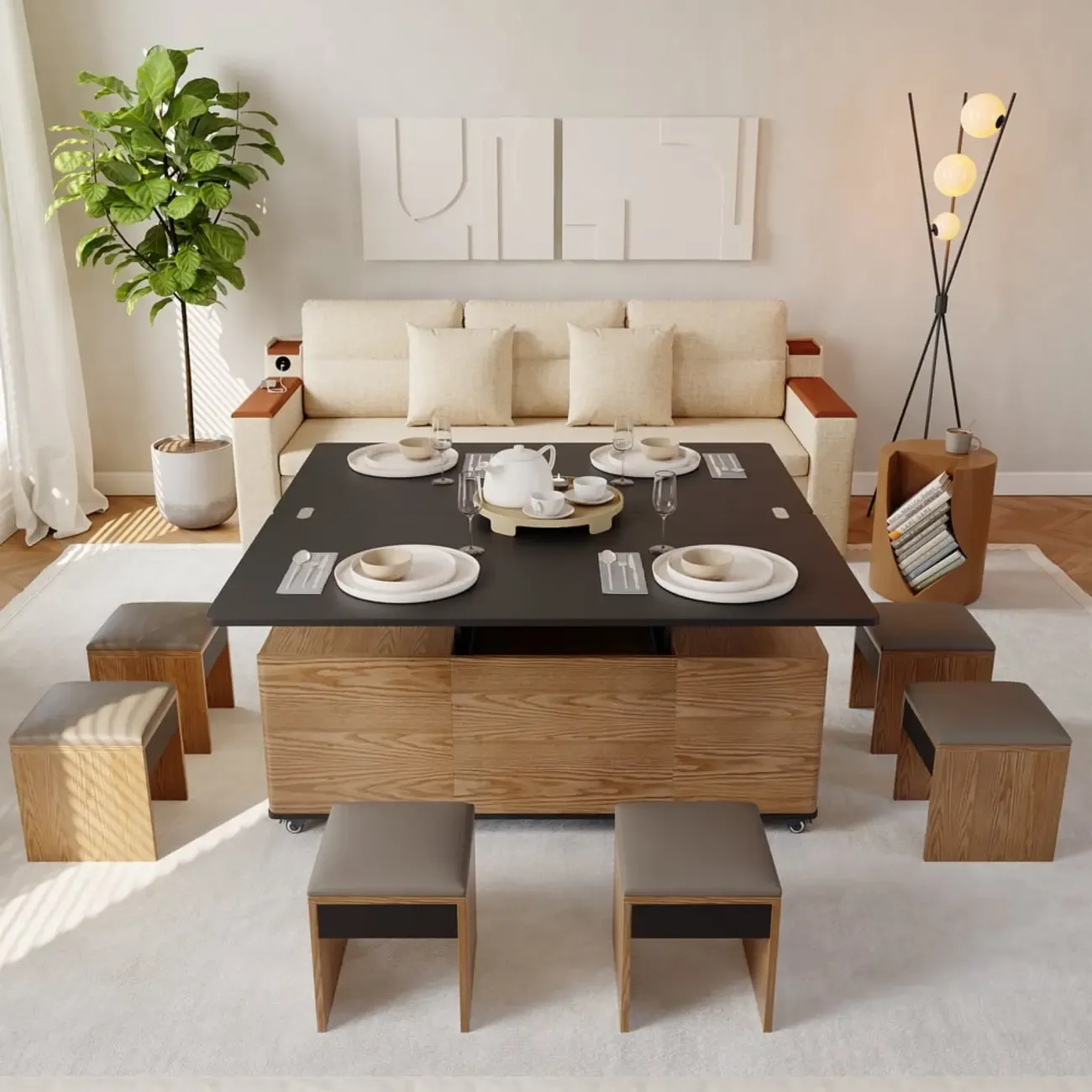 Large Wooden Lift-Top Coffee Table with Drawers & Cabinet Image - 5