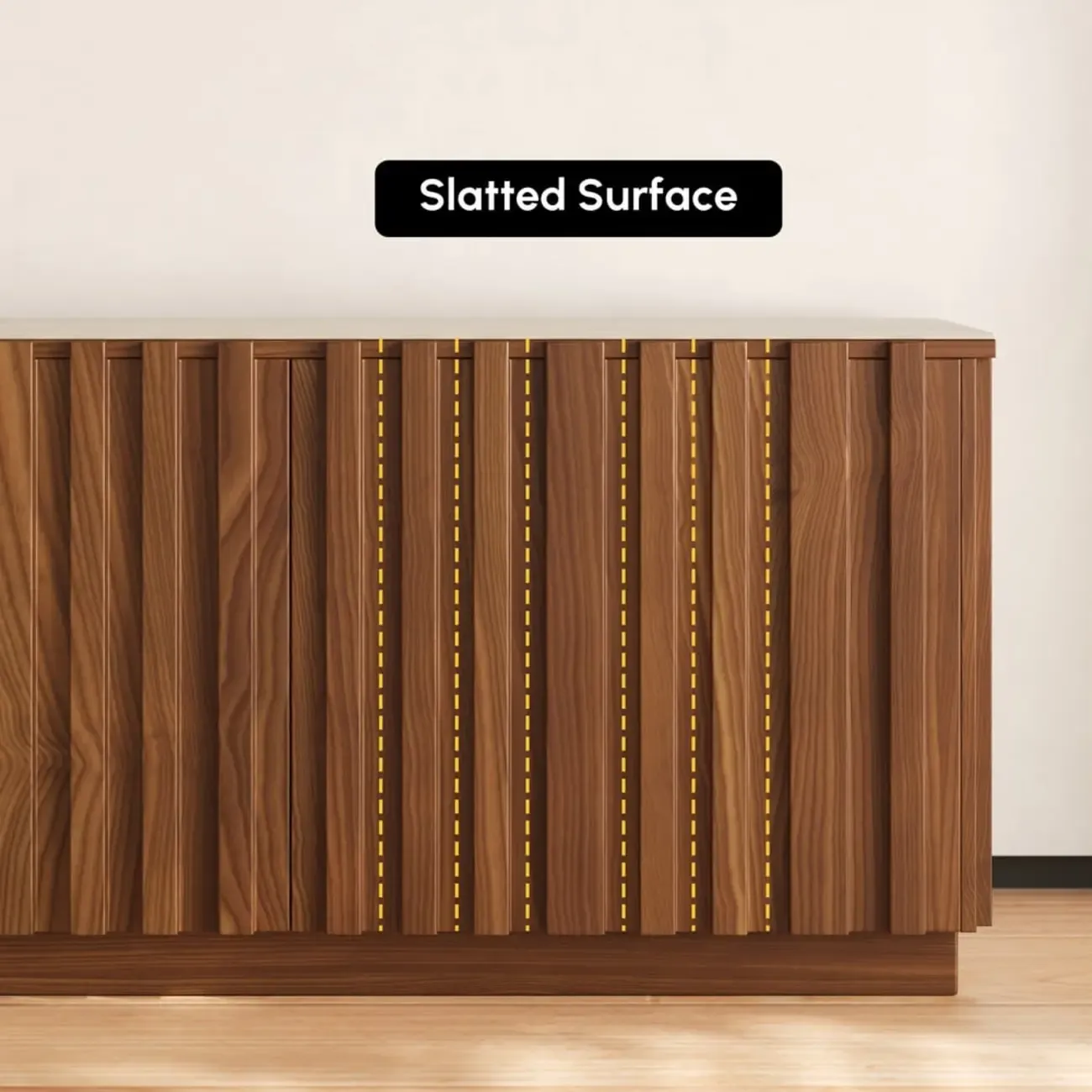 Mid-Century Wooden Slatted Walnut TV Stand with Doors Image - 13