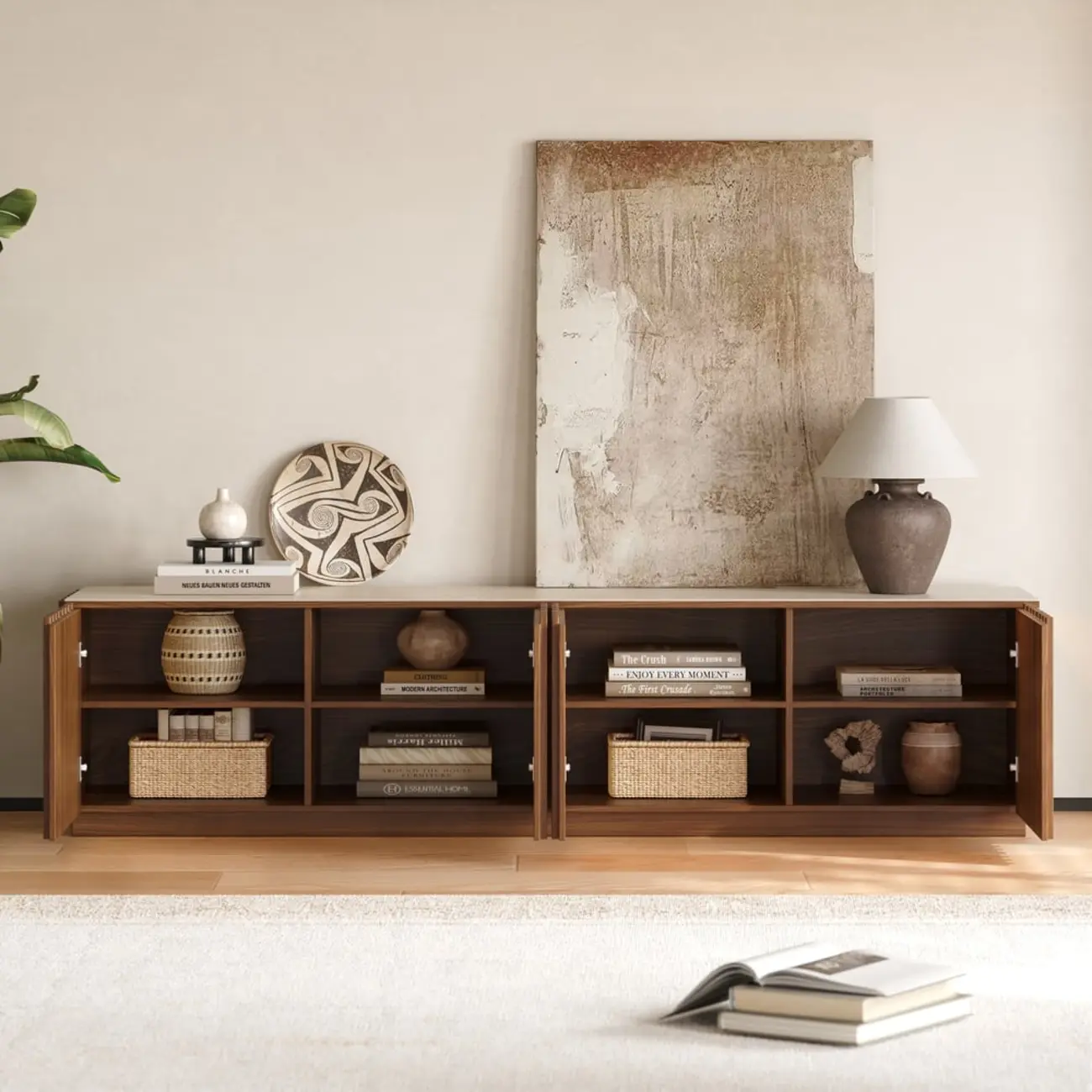 Mid-Century Wooden Slatted Walnut TV Stand with Doors Image - 8 | homeyfad