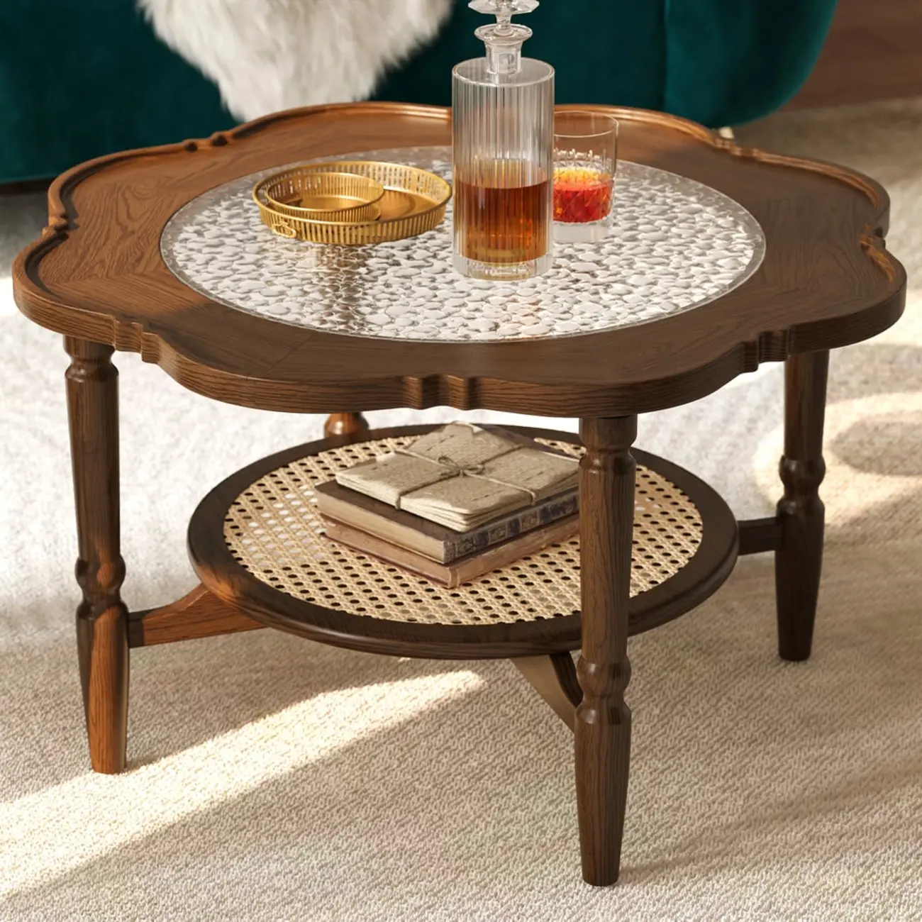 Classic 2-Layer Walnut Finish Wood Coffee Table in Glass Top Image - 2 | homeyfad